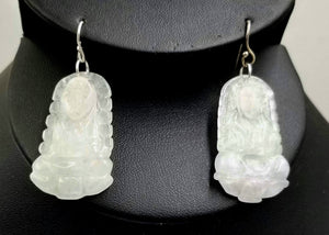 Vegan. Gorgeous Pair of Serene Buddha icy jadeite & sterling silver pendant earrings.