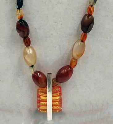 Sterling silver, carnelian, & flame agate necklace with Murano glass pendant on verde silk. 35