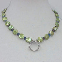 PRICE REDUCED Sterling silver, green pearl, art glass, and CZ pendant necklace on pale silk.