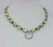 PRICE REDUCED Sterling silver, green pearl, art glass, and CZ pendant necklace on pale silk.