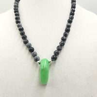 Snowflake Obsidian, and bright jadeite sterling silver necklace on verde silk. 22.5 in