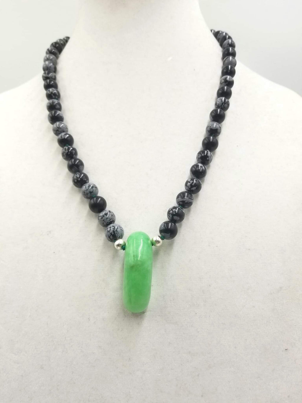Snowflake Obsidian, and bright jadeite sterling silver necklace on verde silk. 22.5 in