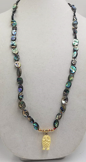 Love Owls? Abalone and 14KYG long necklace with highly carved bone owl pendant. 35" Rope length.