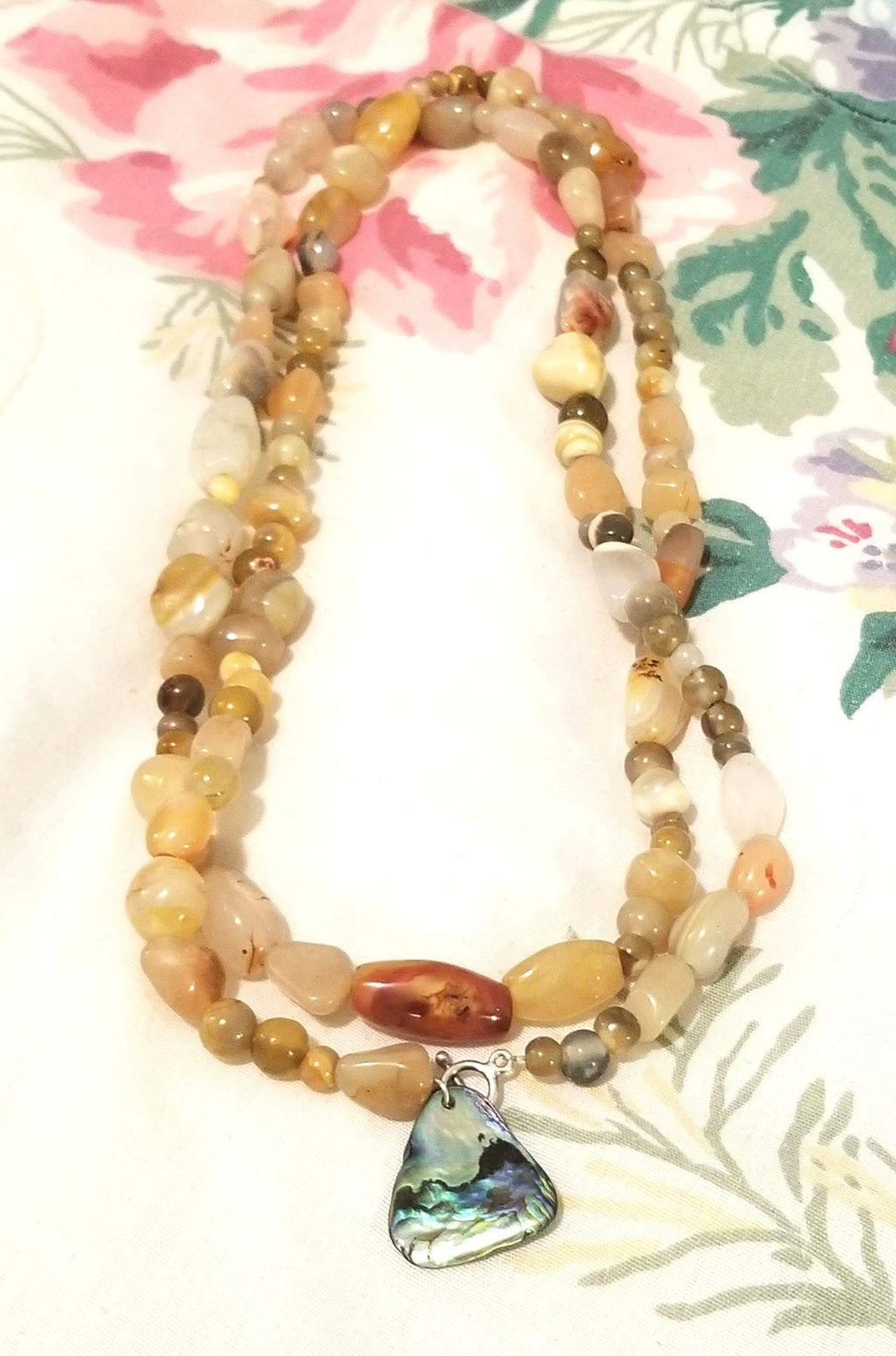 Ultra long yellow agate sterling silver necklace with abalone pendant. 42 in.