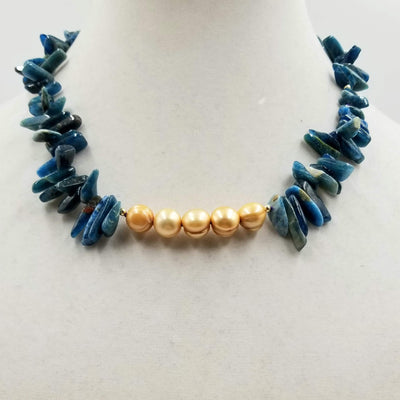 Golden dyed freshwater cultured pearls, blue apatite, and 14KYG necklace. 17