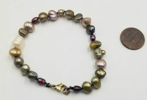 Unisex plus size multi-color pearl bracelet hand with gold fill clasp.  7.75" Length