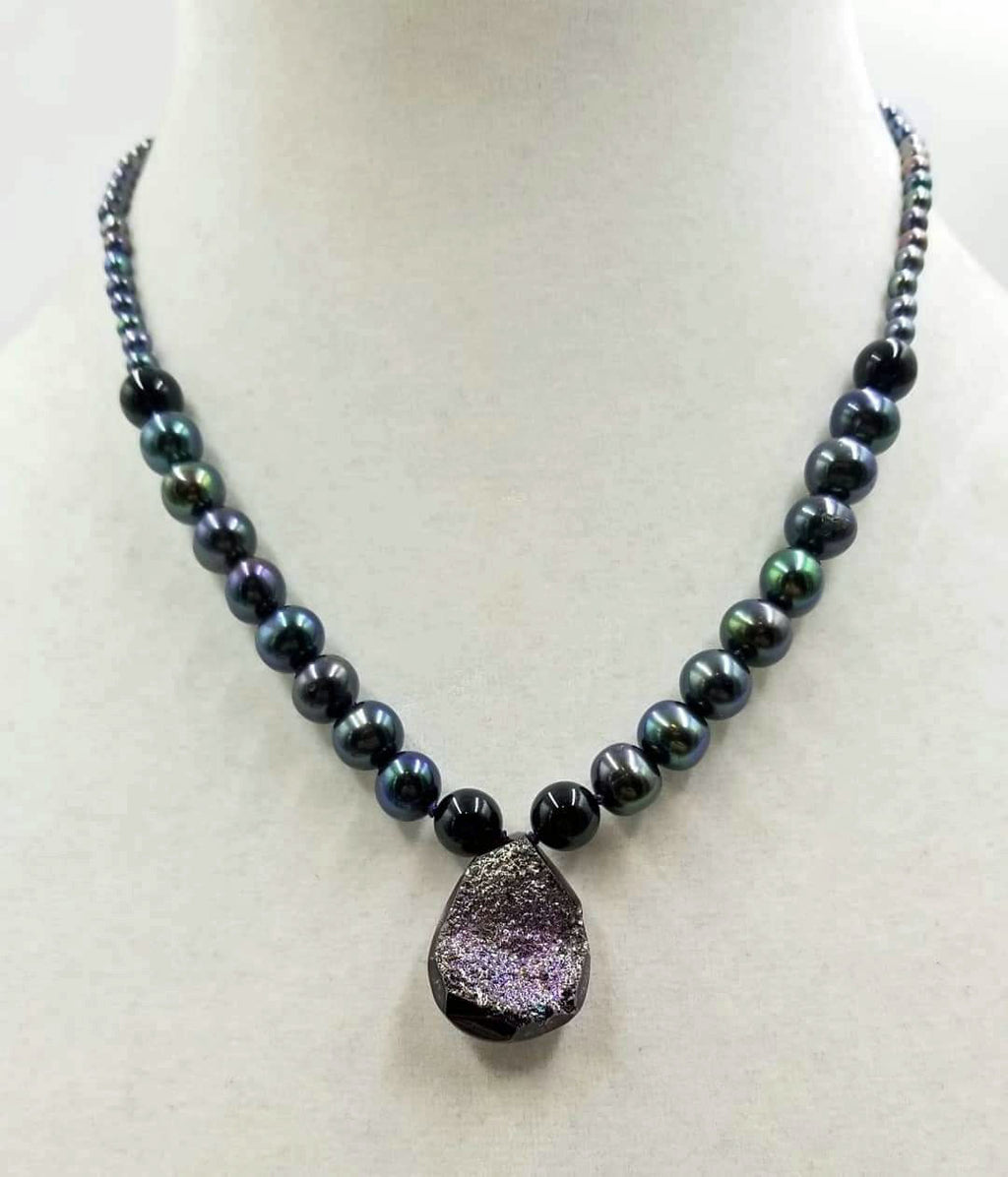 Past Work. Druzy quartz necklace, black pearl, onyx, with 14KWG clasp.  Hand-knotted witwith purple silk. 17.5" length. Sold.