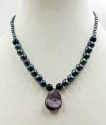 Past Work. Druzy quartz necklace, black pearl, onyx, with 14KWG clasp.  Hand-knotted witwith purple silk. 17.5" length. Sold.