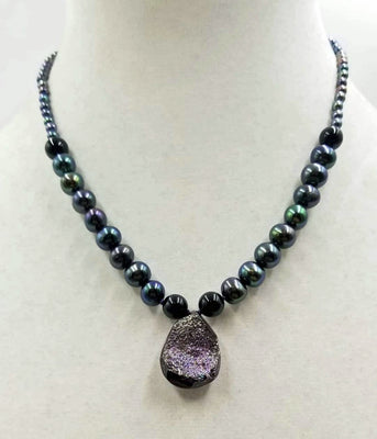 Past Work. Druzy quartz necklace, black pearl, onyx, with 14KWG clasp.  Hand-knotted witwith purple silk. 17.5