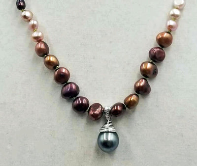 Gorgeous, coppery pearls! Ombre multi-colored fresh-water cultured pearls & sterling silver pendant. 22