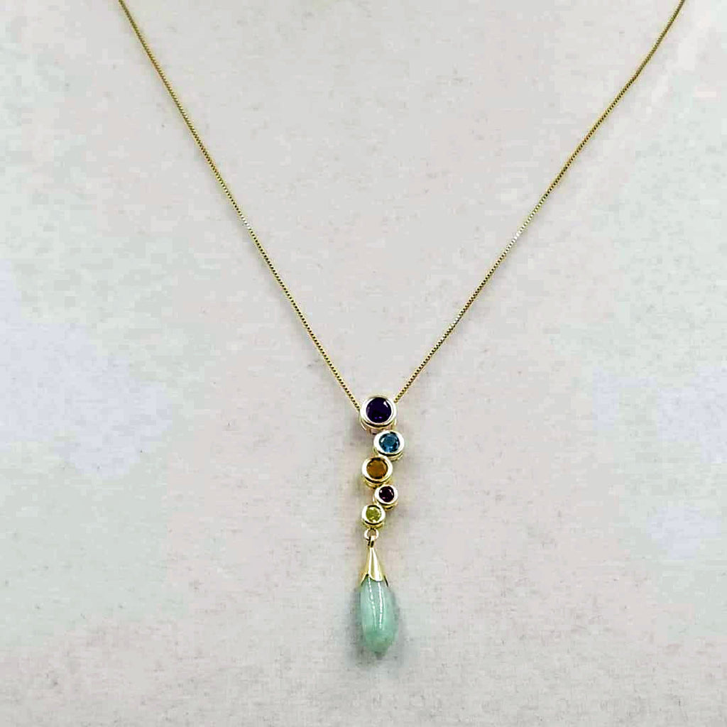 Petite & Sweet. Vegan. 14 KYG, jadeite & multi gemstone pendant. 18" length.