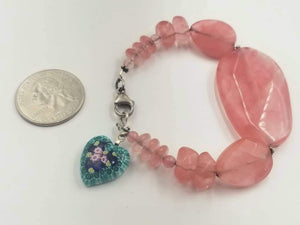 Bold & cute! Cherry Quartz sterling silver and Murano glass bracelet. 6.75" length.
