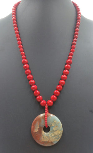 PRICE REDUCED Coral, red & teal jasper, sterling silver necklace. 23" Matinee lenth.