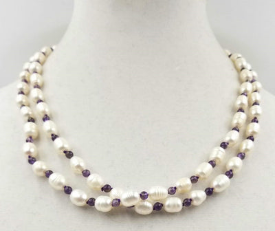 Past Work. Beautiful Baroque pearls & amethysts on hand-knotted silk, rope necklace with 14K gold clasp. 43