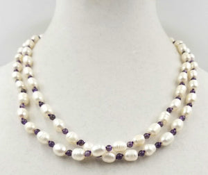 Past Work. Beautiful Baroque pearls & amethysts on hand-knotted silk, rope necklace with 14K gold clasp. 43" length. You will feel like a Royal! Sold.