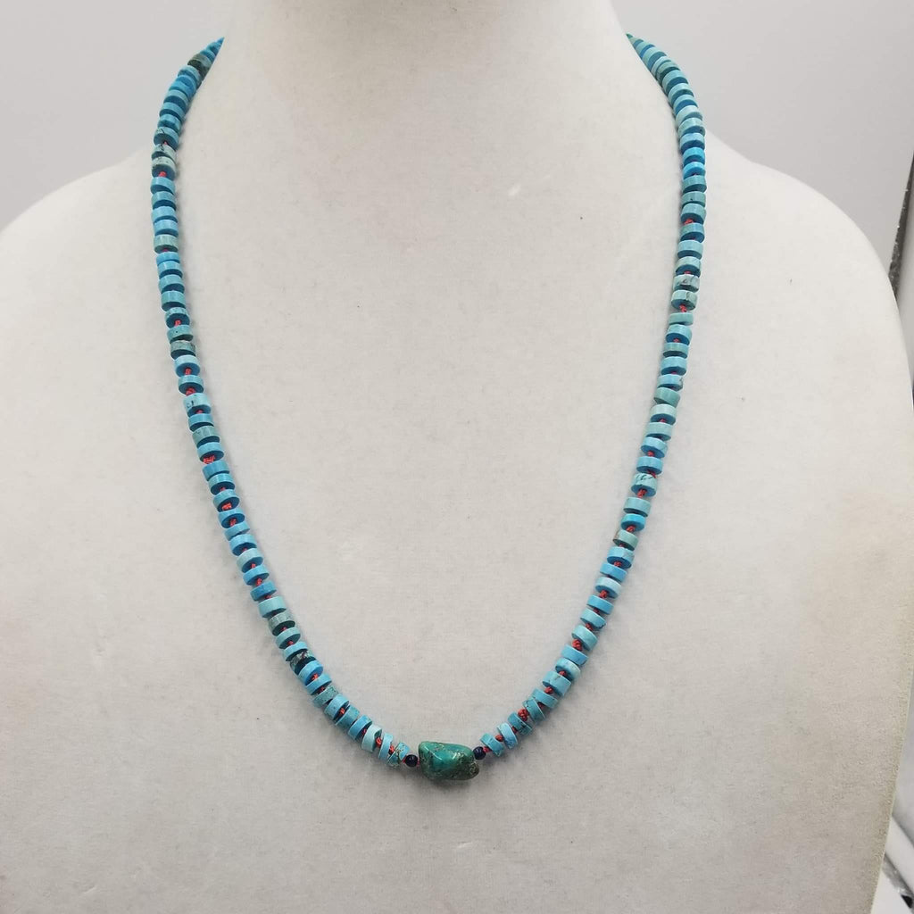 Sterling Silver, sodalite & turquoise necklace on crimson silk. 25" length