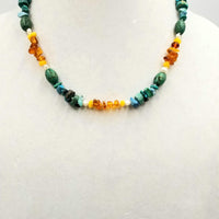 Sterling Silver, turquoise, Baltic amber, & pearl necklace on white silk. 20" Length