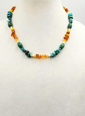 Sterling Silver, turquoise, Baltic amber, & pearl necklace on white silk. 20