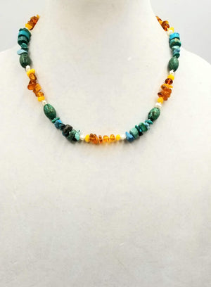 Sterling Silver, turquoise, Baltic amber, & pearl necklace on white silk. 20" Length