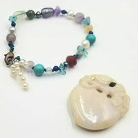 PRICE REDUCED Copper & sterling silver, mult-istone bracelet on green silk. 7" Length.