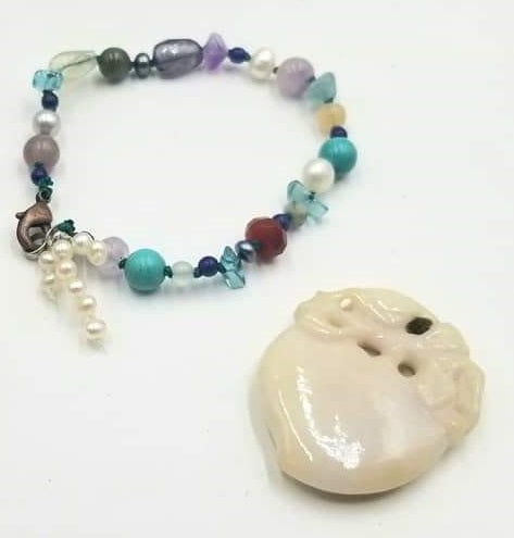PRICE REDUCED Copper & sterling silver, mult-istone bracelet on green silk. 7" Length.