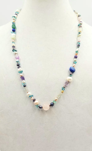 Pretty - Apatite, pearl, flurite, lapis, amethyst, aventurine & rose quartz rope on copper-tone silk