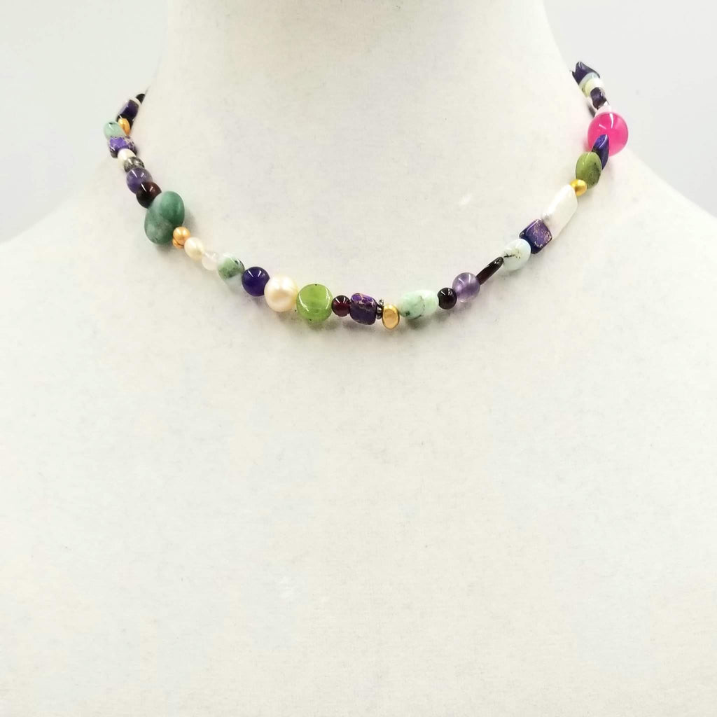 Colorful! Sterling Silver, multi-stone, shell, choker necklace.15.25" Length