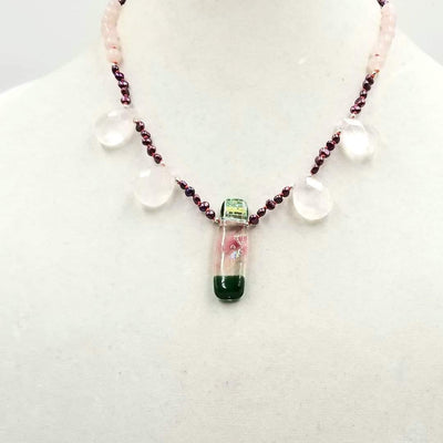 Pretty. Sterling Silver, pearls, rose quartz, & dichroic glass necklace on crimson silk. 19.5