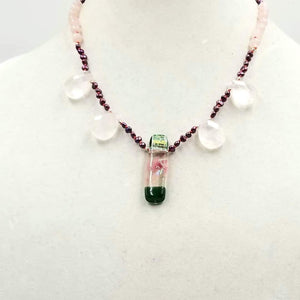 Pretty. Sterling Silver, pearls, rose quartz, & dichroic glass necklace on crimson silk. 19.5" Length.