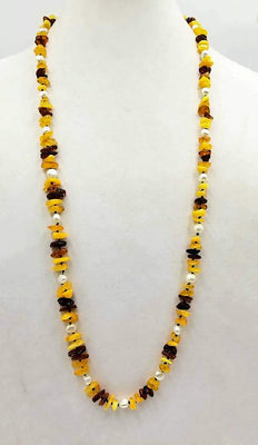 Baltic amber & pearl rope necklace on navy silk.  36