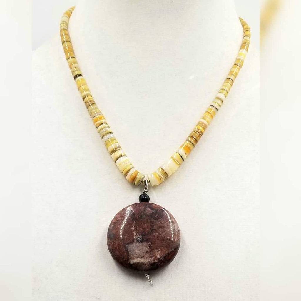 Shell & jasper pendant necklace.  17.5" Length