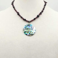 Past Work. Sterling silver, garnet & abalone pendant necklace.  17.5" Length. Sold