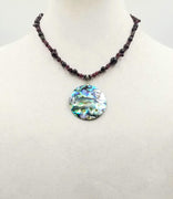 Past Work. Sterling silver, garnet & abalone pendant necklace.  17.5" Length. Sold