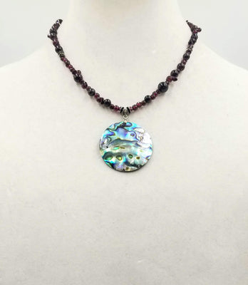 Past Work. Sterling silver, garnet & abalone pendant necklace.  17.5