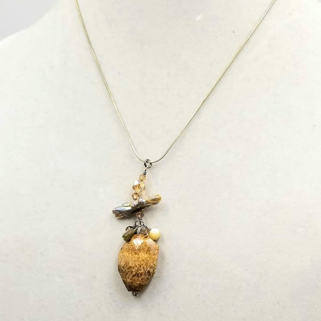 Swarovski pendant necklace, sterling silver, jasper, pearl & shell. 17.75" Length.