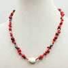 14KYG, Necklace of coral & pearls, on copper-tone silk. 21" Length.