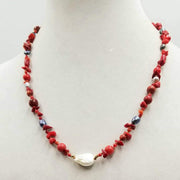 14KYG, Necklace of coral & pearls, on copper-tone silk. 21" Length.