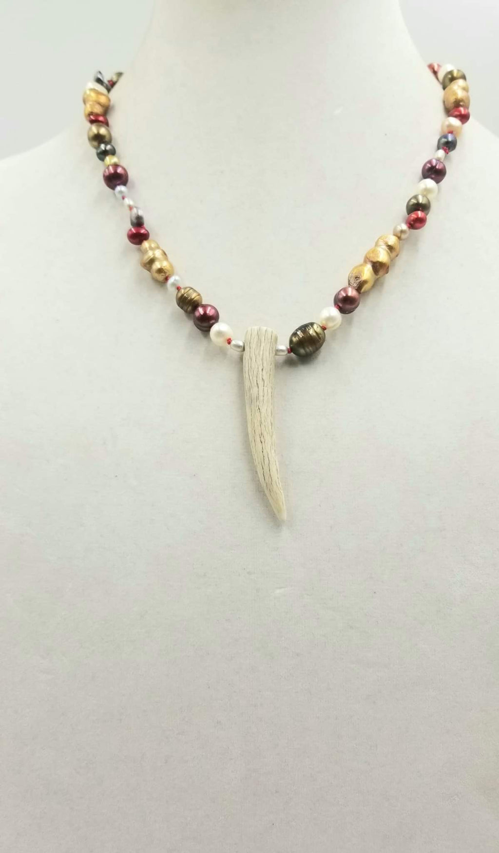 Sterling silver, multi-color pearl & antler focal necklace on crimson silk. 21" Length.