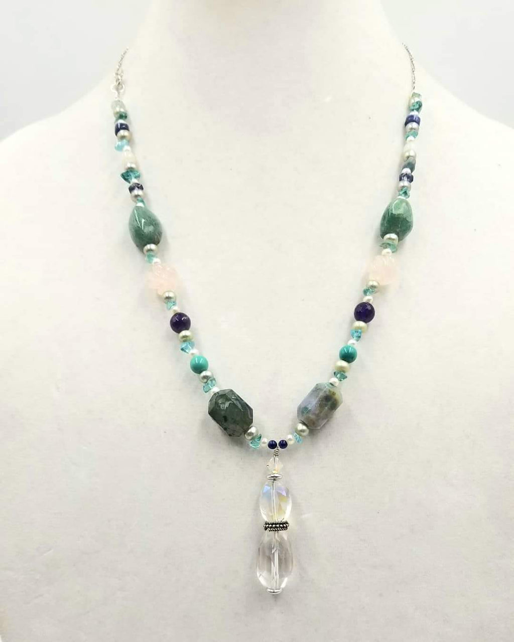 Sterling silver, apatite, agate, quartz, pearl, howlite, amethyst, & more, pendant necklace.  22" Length