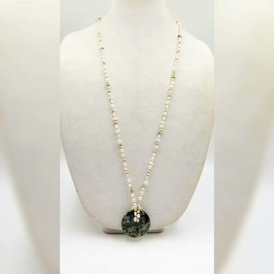 Freshwater cultured pearl rope necklace, with moss agate bi-disc pendant, upgraded green silk.