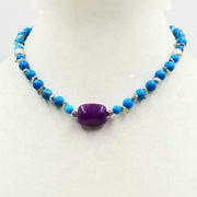 Bold & beautiful! Imperial jasper, keshi pearl, dyed agate & sterling silver necklace on lavender silk.
