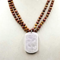 14 KWG 2-strand bi-tone bronze pearl & white jadeite dragon pendant necklace on lavender silk.