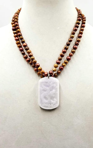 14 KWG 2-strand bi-tone bronze pearl & white jadeite dragon pendant necklace on lavender silk.