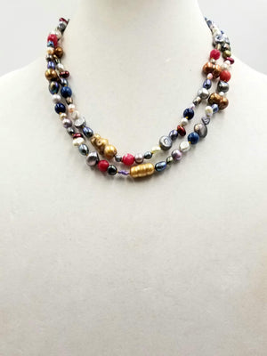 Multi-color pearls, lapis lazuli, & dyed agate rope necklace.  42