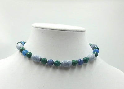 Sterling silver, azurite, marble,and malachite necklace on verde silk. 13
