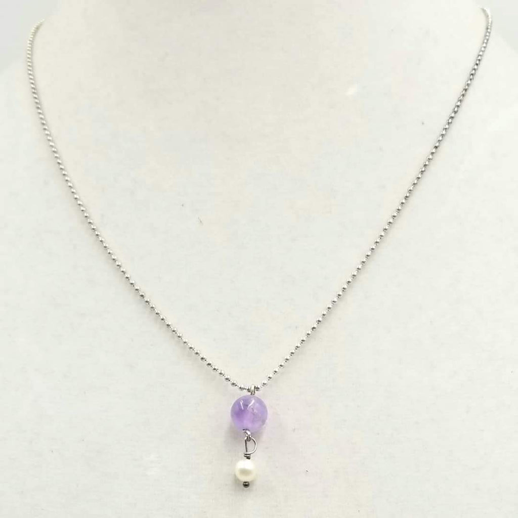 Sterling silver, amethyst & pearl pendant necklace on chain.  18"