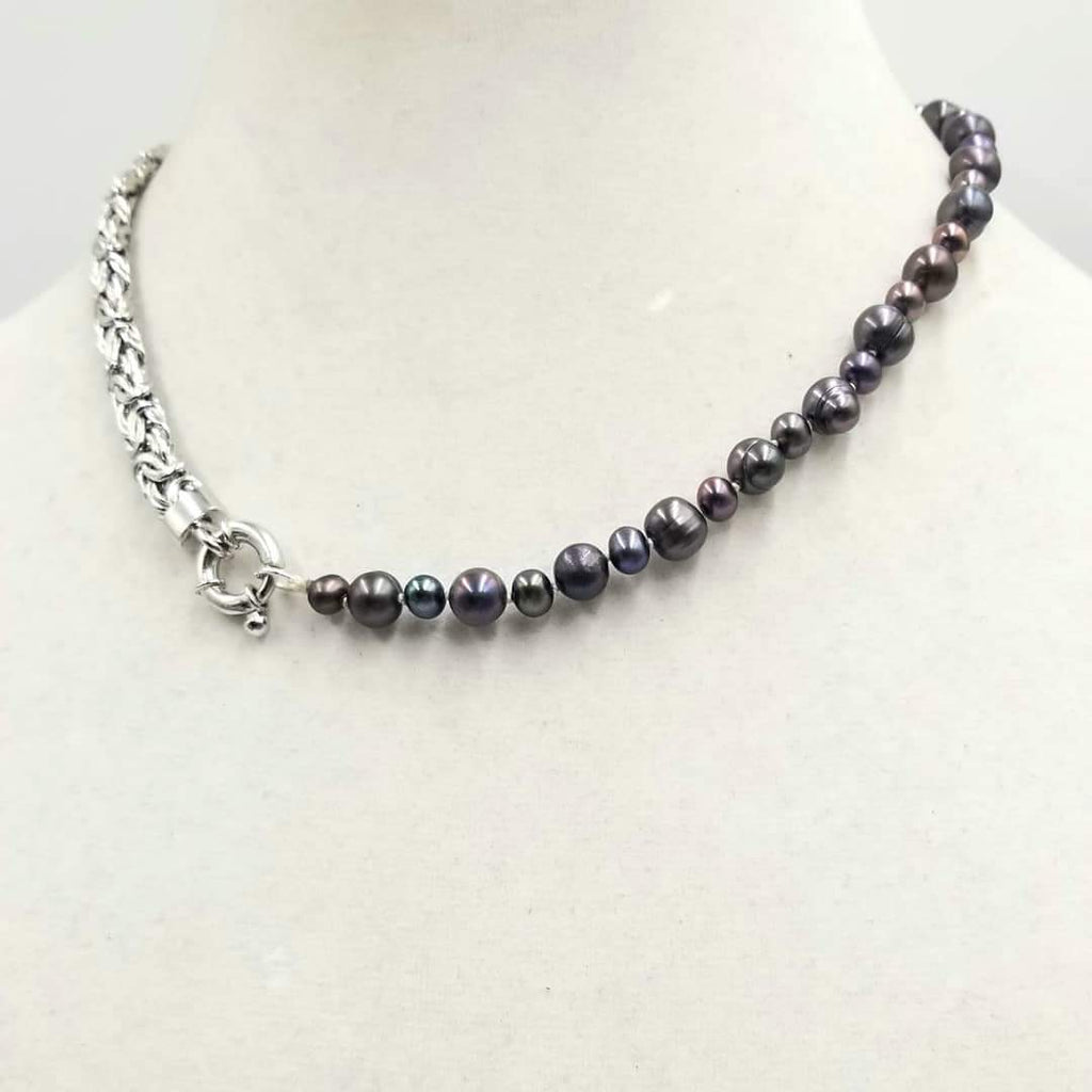 Stunning unisex necklace. Sterling silver & black pearl necklace on white silk. 17.5" Length.