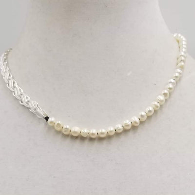 Beautiful, Unisex. Sterling silver, white pearl necklace on black silk. 17.5