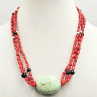 Three-strand, sterling silver necklace with coral, garnet, & green turquoise on white silk. Southwest design, boho. 20" Length.