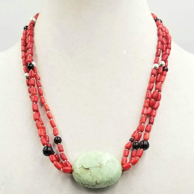 Three-strand, sterling silver necklace with coral, garnet, & green turquoise on white silk. Southwest design, boho. 20